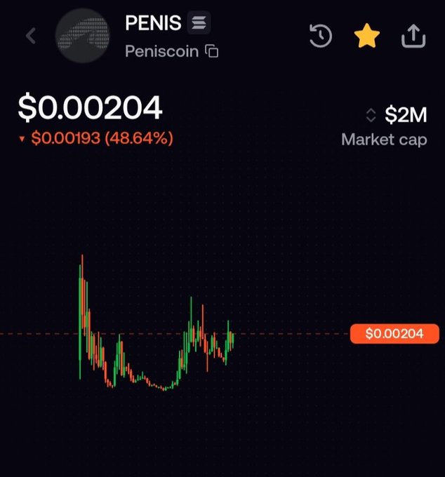 A cryptocurrency price chart for 'PENIS' (Peniscoin) showing a price of $0.00204, down 48.64%, with a $2M market cap.