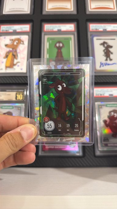 A hand holds up a holographic collectible card featuring Gromit from Wallace & Gromit, with stats showing 'S6 55 16 19 20' (Serial, Speed, Skill, Terror) and labeled as 'Super Rare.' Behind it are several graded trading cards in protective cases, including other Wallace & Gromit themed cards.