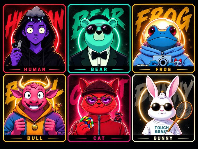 A colorful digital illustration displaying six character cards labeled 'HUMAN', 'BEAR', 'FROG', 'BULL', 'CAT', and 'BUNNY', each featuring a stylized anthropomorphic character in a vibrant neon style.