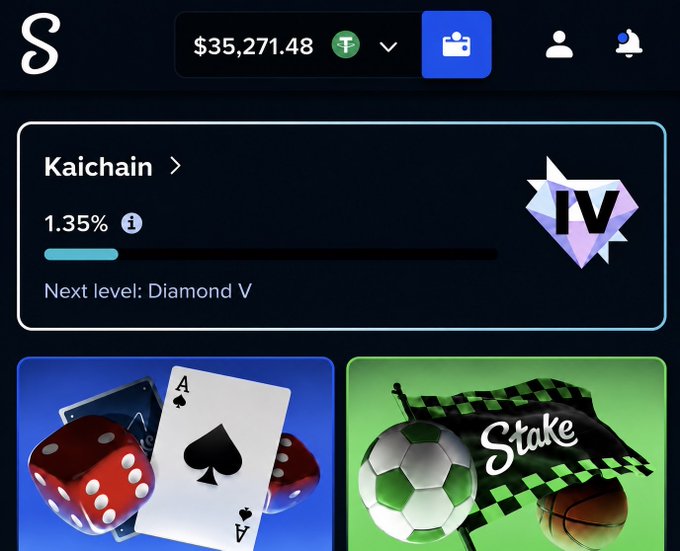 A Stake casino interface showing a balance of $35,271.48, a 'Kaichain' VIP IV status at 1.35% progress toward Diamond V, and icons for casino and sports betting games.