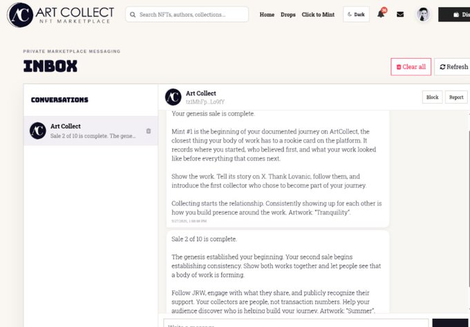 A screenshot of the Art Collect NFT Marketplace private messaging inbox, showing an ongoing conversation about completing Sale 2 of 10 from user b18M-Fy_Lo9VY regarding the genesis artwork journey (Tranquility, Summer).