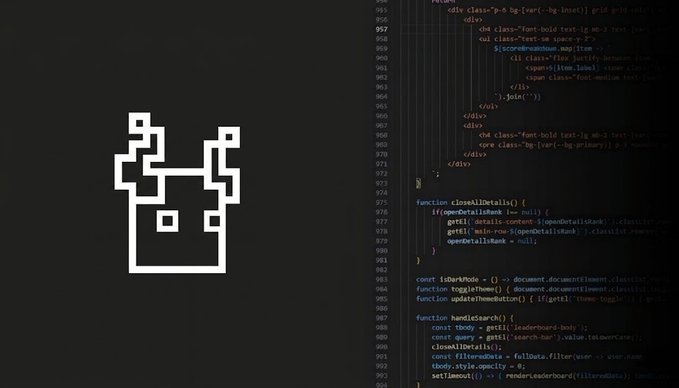 A pixel-art style icon of a shopping bag made of small squares is displayed on a dark background, alongside a code editor showing HTML and JavaScript including functions like 'closeAllDetails()' and 'toggleTheme()'.