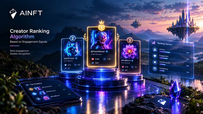 An AINFT promotional graphic for a 'Creator Ranking Algorithm' displaying top creators on a podium with ranking factors (Activity, Engagement, Content Quality, Consistency), set against a fantasy landscape with floating castles.