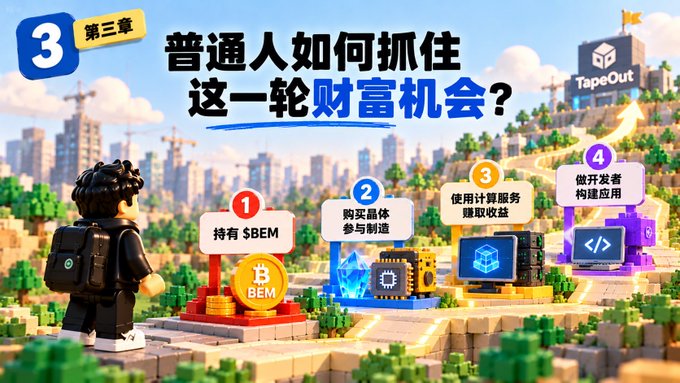 A Chinese-language infographic titled '普通人如何抓住这一轮财富机会？' (How can ordinary people seize this round of wealth opportunities?), showing steps including holding $BEM and using compute services.