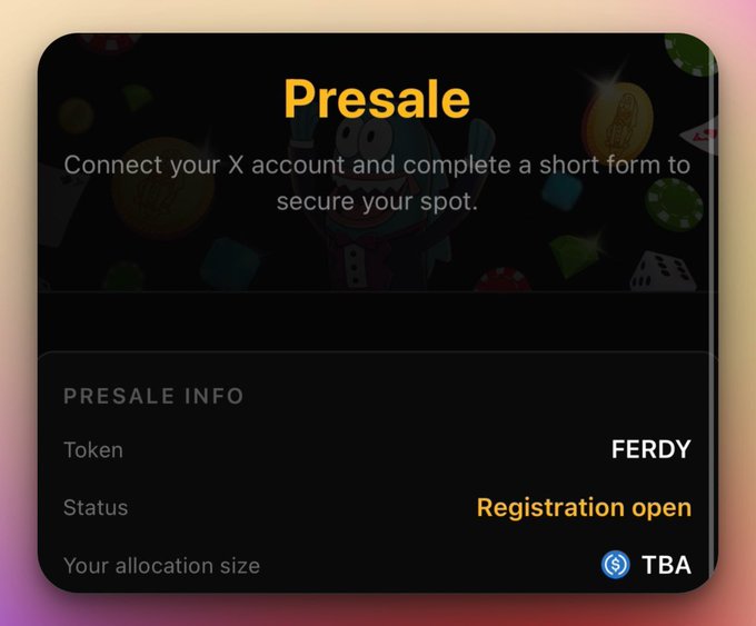 A presale registration page for the token "FERDY" with a "Registration open" status and TBA allocation size, instructing users to connect their X account and complete a form to secure a spot. The image illustrates the call-to-action referenced in the post, where users are encouraged to fill out the form carefully to participate in the Ferdy presale on Avalanche.