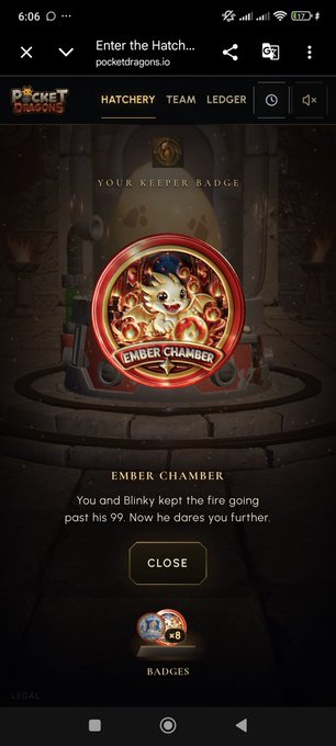 A mobile screenshot of a game called "Pocket Dragons" shows a "Keeper Badge" screen featuring a small dragon and the text "EMBER CHAMBER: You and Blinky kept the fire going past his 99. Now he dares you further."