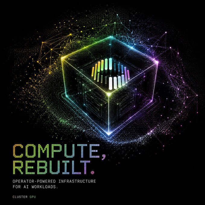 A digital poster with a neon-lit hexagonal cube graphic reads 'COMPUTE, REBUILT.' followed by 'OPERATOR-POWERED INFRASTRUCTURE FOR AI WORKLOADS' and 'CLUSTER GPU'.