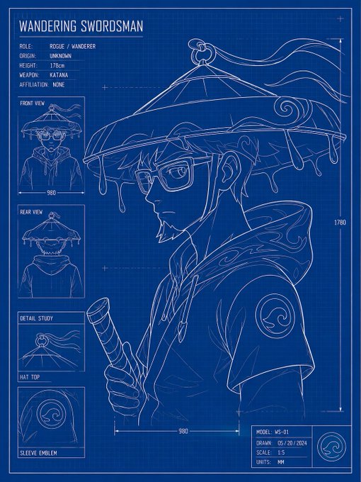 The image features a blue drawing of a person wearing glasses and holding a sword. The drawing includes various elements such as hats, gloves, and other accessories that are typical for a character from a comic book or fantasy series. The drawing also contains text that reads "Gm CT It' s a new week, let' s get those bags". This suggests that the image is related to a post about the importance of organization and decluttering one's space during the new week.

The image has been drawn in a blue outline style, which makes it easy for viewers to understand the character's features and accessories. The drawing also includes measurements such as "5x6" and "1/2". These measurements might be used by someone who is creating a scale model or replica of the character using paper or other materials.