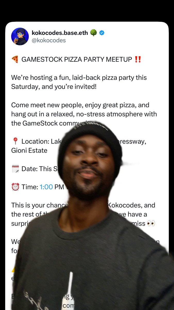 The image shows a man wearing a black shirt, with his face partially visible as he takes a selfie using his phone's camera. The photo captures him from the front side of his body, making him appear larger than life. The background of the photo is white and appears to be a poster or sign related to the meetup. The caption on the image reads "Check the quote for more details about the meetup this Saturday".