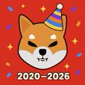 A cartoon Shiba Inu dog wearing a striped party hat and a red bow tie, with the text '2020-2026' displayed against a red background with confetti.