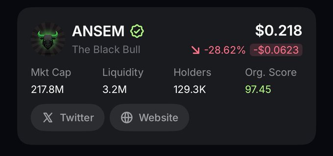 The image shows a cryptocurrency token page for "ANSEM" (subtitled "The Black Bull") trading at $0.218, down 28.62% (-$0.0623), with a market cap of 217.8M, liquidity of 3.2M, and 129.3K holders. The post appears to be addressing ANSEM holders directly, suggesting the significant price drop shown in the image may be the "news" referenced for those still holding the token.