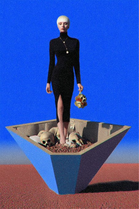 A 3D render of a pale, bald figure in a black dress standing inside a blue inverted pyramid filled with skulls, holding another skull against a bright blue sky.