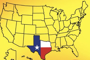 A map of the United States with Texas highlighted, overlaid with the design of the Texas state flag featuring the Lone Star, red and white stripes, and blue field.