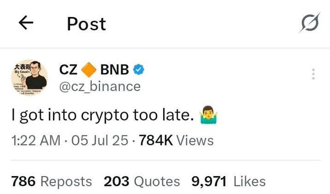 Tweet from CZ @cz_binance stating 'I got into crypto too late' with 784K views, 786 reposts, 203 quotes, and 9,971 likes.