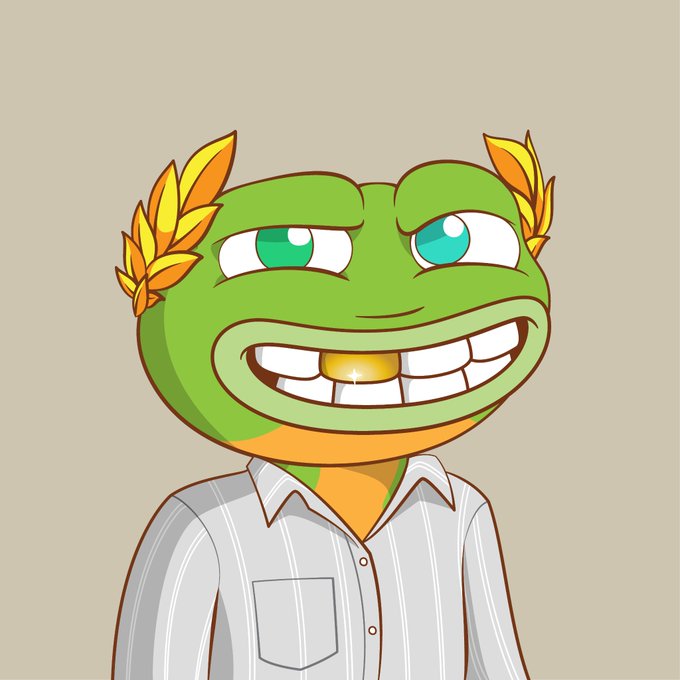 A cartoon illustration of a green frog-like character with a gold tooth, wearing a striped button-up shirt and orange laurel leaves on its head.