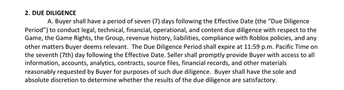 The image shows a document with black text that reads "2 Due Diligence Have A Period of Seven (7 days following the Effective Date)". The document also includes a list of reasons why due diligence is necessary, such as transparency in business transactions and ensuring all parties are satisfied with the terms.