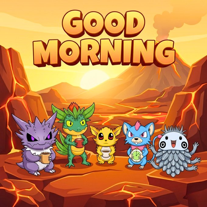 A cartoon illustration shows five colorful dragon-like creatures holding drinks in a volcanic landscape with the text 'GOOD MORNING' displayed prominently above them.