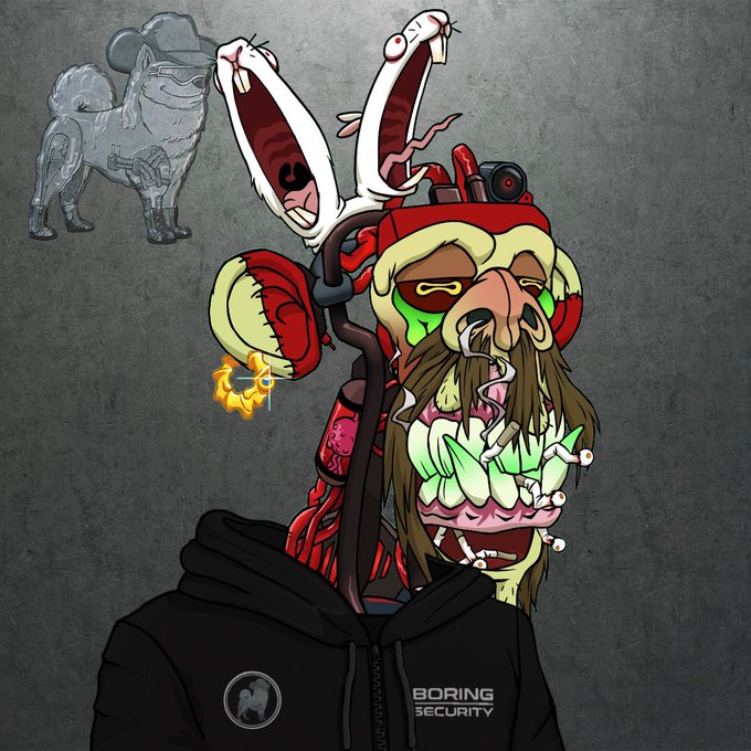 A grotesque, mutated Bored Ape character wearing a black "BORING SECURITY" hoodie appears in the foreground, with a small grey poodle character in the background, promoting crypto security awareness on a Friday. The exaggerated, unsettling ape design visually reinforces the post's warning about the dangers lurking in the crypto space.