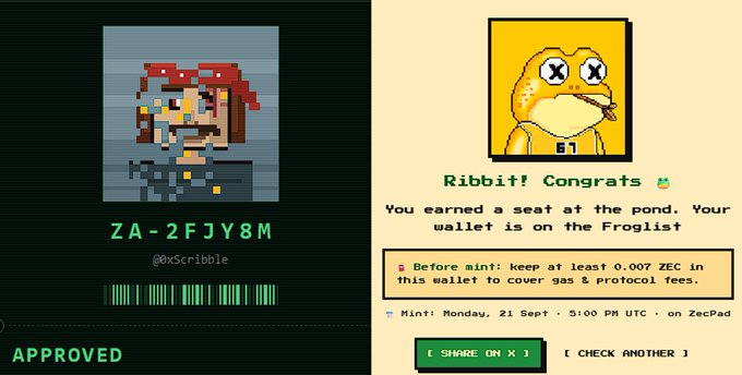 A digital NFT mint confirmation card showing a pixel art pirate character (ID ZA-2FJY8M) and a frog NFT titled "Ribbit! Congrats" with details for minting on ZecPad on Monday, 21 Sept at 5:00 PM UTC, aligned with the poster's excitement about minting two NFTs, including their first-ever Zec mint.