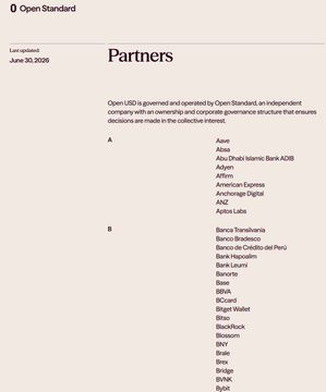 An Open Standard webpage listing Partners, with a last-updated date of June 30, 2026, showing an alphabetical list of partner organizations under A and B, including Aave, ABG, Affirm, Anchorage Digital, ANZ, and Banco de Credito del Peru.