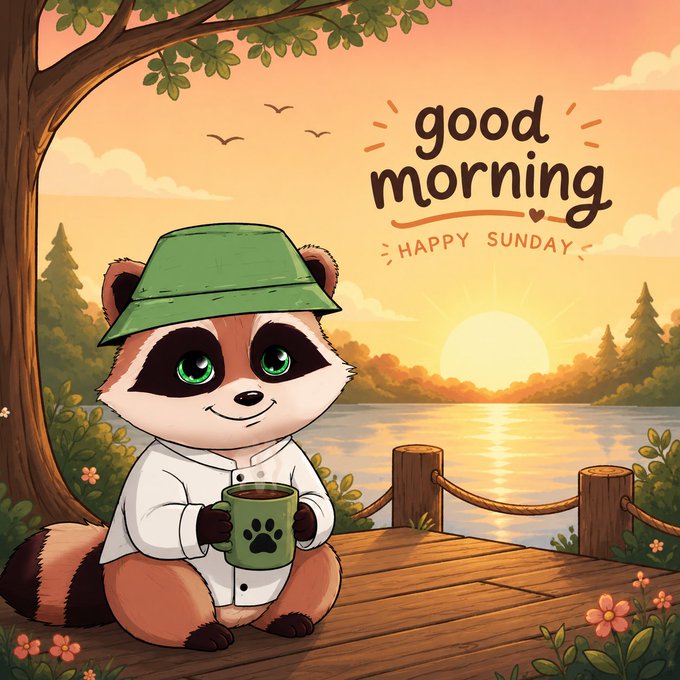A cartoon red panda wearing a green bucket hat holds a mug while sitting on a wooden dock at sunrise, with text reading 'good morning' and 'Happy Sunday'.
