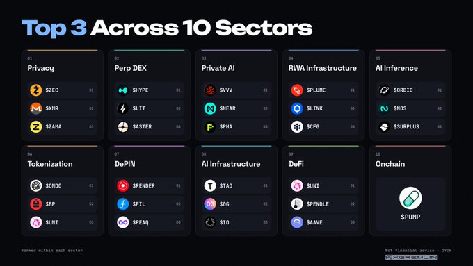 The image is a dark-themed ranking chart titled "Top 3 Across 10 Sectors," displaying the top three cryptocurrency projects in each of ten sectors (Privacy: $ZEC, $XMR, $ZAMA; Perp DEX: $HYPE, $LIT, $ASTER; Private AI: $VVV, $NEAR, $PHA; RWA Infrastructure: $PLUME, $LINK, $CFG; AI Inference: $ORBIO, $NOS, $SURPLUS; Tokenization: $ONDO, $SP, $UNI; DePIN: $RENDER, $FIL, $PEAQ; AI Infrastructure: $TAO, $SOG, $IO; DeFi: $UNI, $PENDLE, $AAVE; and Onchain: $PUMP), expanding on the post by visually organizing the listed tickers into ranked sectors with numbered positions.