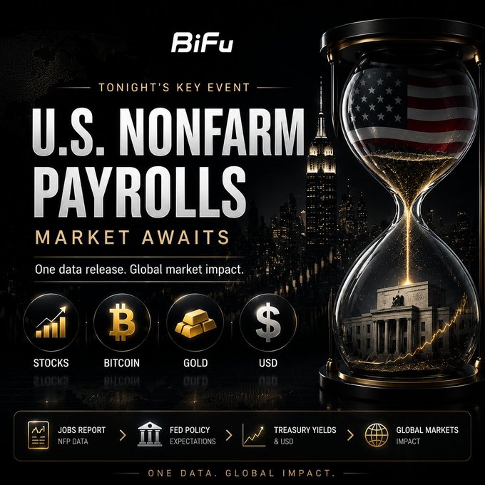 A dramatic promotional graphic from BiFu announcing tonight's U.S. Nonfarm Payrolls release, featuring an hourglass filled with golden sand beside a nighttime New York City skyline, with the text "U.S. NONFARM PAYROLLS — MARKET AWAITS" and "One data release. Global market impact." alongside icons for Stocks, Bitcoin, Gold, and USD. The image visually reinforces the post's message by symbolizing the countdown to a single economic data point that could ripple across stocks, crypto, gold, and currency markets worldwide.