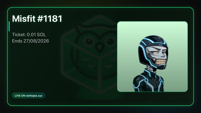 A digital NFT marketplace card titled 'Misfit #1181' with a ticket price of 0.01 SOL ending 27/08/2026, featuring a cartoon character in futuristic Tron-style armor, marked 'LIVE ON owtopia.xyz'.