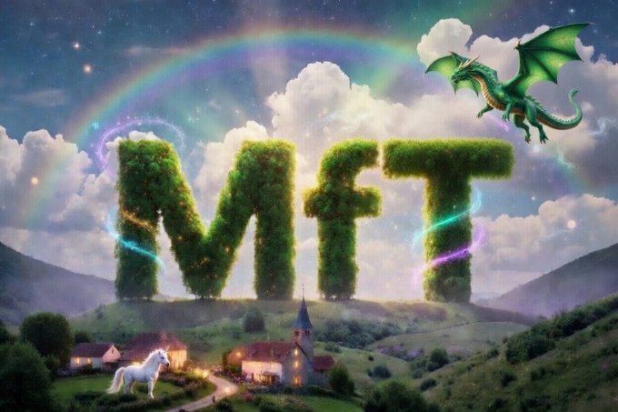 A fantasy artwork featuring the letters 'MFT' made of moss and trees, with a green dragon flying nearby, a rainbow, and a small village with a white horse below.