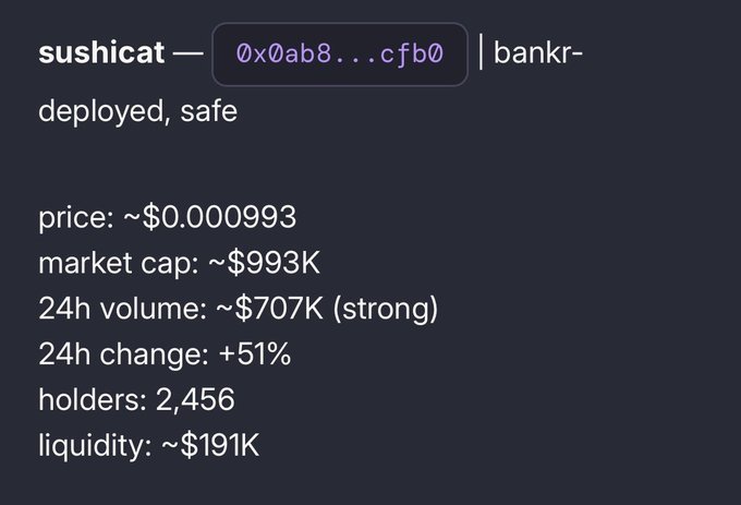 A cryptocurrency information panel for 'sushicat' (bankr-deployed, safe) showing: price: ~$0.000993, market cap: ~$993K, 24h volume: ~$707K (strong), 24h change: +51%, holders: 2,456, liquidity: ~$191K.