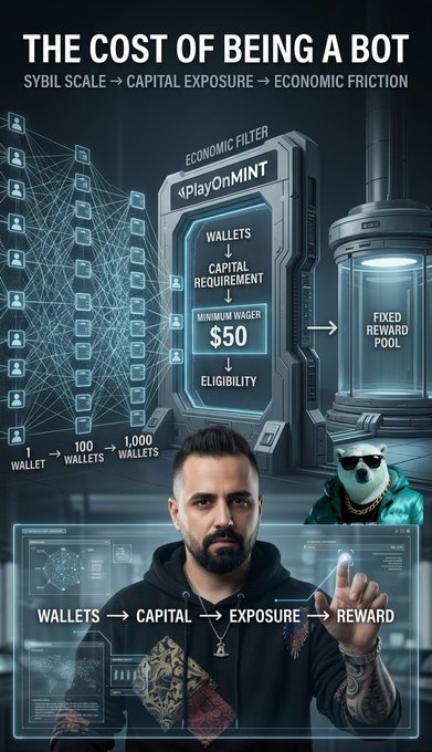 A promotional graphic titled 'THE COST OF BEING A BOT' discussing sybil scale, capital exposure, and economic friction, featuring PlayOnMINT branding, a $50 minimum wager requirement, and illustrations of wallets scaling to a fixed reward pool.