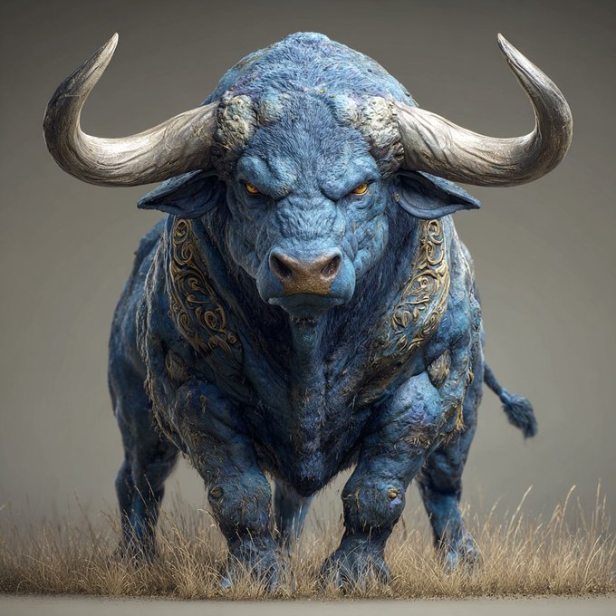 A digital illustration of a powerful blue bull with large silver horns and ornate gold detailing around its neck, standing in dry grass against a grey background.