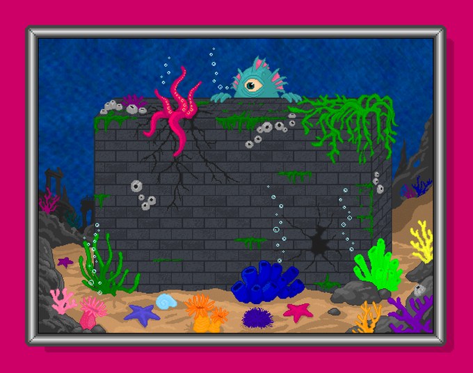A digital illustration of an underwater scene with a stone wall, colorful coral, sea plants, and a small blue cyclops-like creature peering over the wall.