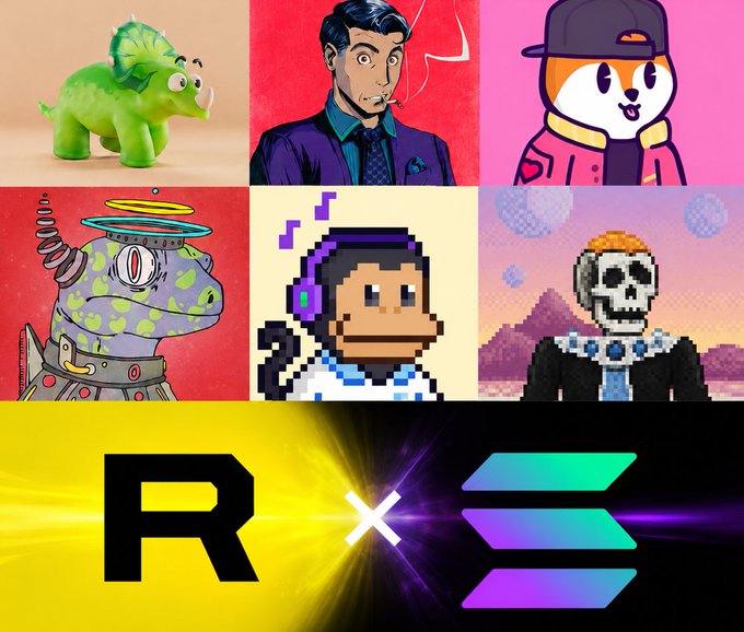 Promotional graphic announcing a partnership between Rarible and Solana, featuring avatars from six featured NFT collections (Claynosaurz, Mad Lads, Famous Fox Federation, Galactic Gecko, Solana Monkey Business, and Dead King Society) above the bold "R × [Solana logo]" branding.
