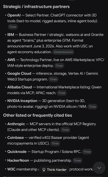 A screenshot listing strategic and infrastructure partners including OpenAI, IBM, AWS, Google Cloud, Alibaba Cloud, NVIDIA Inception, Anthropic, Coinbase, Quicknode, HackerNoon, and W3C membership.