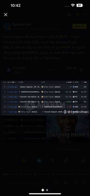 A screenshot of a smartphone displaying a Vietnamese-language social media post from EyeOnChain about Arthur Hayes purchasing 1,332.5 ETH (worth approximately $2.53 million), with crypto transaction details visible.