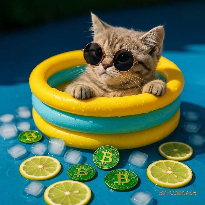 A stylish kitten wearing sunglasses lounges in a yellow and blue inflatable pool surrounded by lemon slices, ice cubes, and Bitcoin Cash (BCH) coins, with "BITCOINCASH" text in the corner—playfully matching the post's relaxed "GM" vibe while promoting BCH/BCC's bullish "to the moon" sentiment.