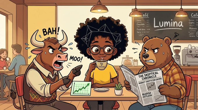 A cartoon café scene titled 'Lumina' where an angry bull and bear (representing market volatility) shout 'BAH!' and 'MOO!' at a young person drinking from a 'TRUMP' mug, while reading 'The Skeptical Chronicle' with headlines 'Market Skepticism Grows' and 'Bearish Outlook'.