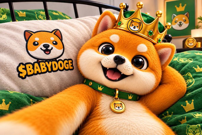 A brightly colored, toy-like orange dog mascot reclines on a green-and-white bed beneath a gold crown, with “$BABYDOGE” and dog-head logos prominently displayed.