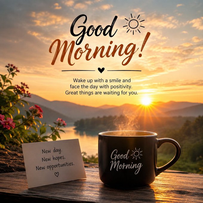 A warm sunrise scene over a lake features a "Good Morning!" message, a steaming coffee mug inscribed with "Good Morning," and a handwritten note reading "New day. New hopes. New opportunities," complementing the post's uplifting greeting to the 𝕏 community with its encouraging, fresh-start tone.