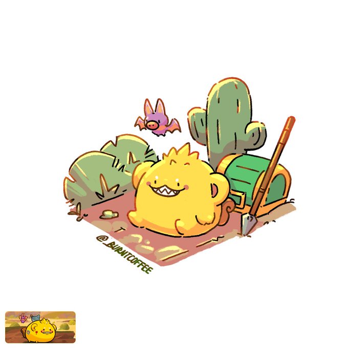The image features a cartoon character that appears to be a yellow monster or dragon-like creature with a large head and two horns. The creature has its mouth wide open as if roaring, giving off an air of power and dominance. It's sitting on a bed of rocks in what seems to be a desert setting, surrounded by cacti and other plants typical of such environments. In the background, there is a green cactus with a brown trunk, adding to the desert-like atmosphere. The image also includes text that reads "banitoffee" and "post", which could possibly be related to the creator or the post where it was shared.