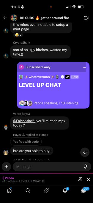 A screenshot of an Instagram Live chat titled "LEVEL UP CHAT" hosted by Panda, with 10 listeners, showing community interactions including a subscriber-only chat by whoeverman, users like CryptoShark discussing trading, and Verde_Boy13 asking for a mint code, alongside a top comment noting BB SUBS are "gathered around the fire." The conversation reflects the post's theme of community building and networking among subscribers, highlighting the growing tribe vibe.