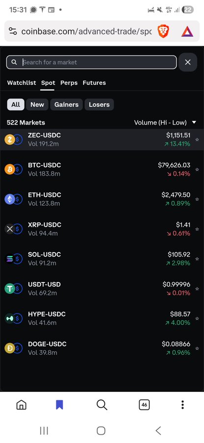 A Coinbase Advanced Trade mobile screenshot showing a market list with 522 markets, displaying prices and 24h volume changes for trading pairs including ZEC-USDC, BTC-USDC, ETH-USDC, XRP-USDC, SOL-USDC, USDT-USD, HYPE-USDC, and DOGE-USDC.