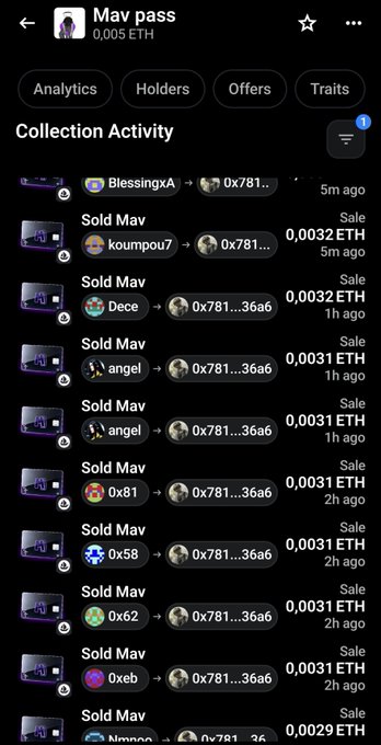 A mobile app screenshot titled 'Mav pass' shows a 'Collection Activity' feed with multiple NFT sales of an item called 'Sold Mav' for prices ranging from 0.0029 to 0.0032 ETH.