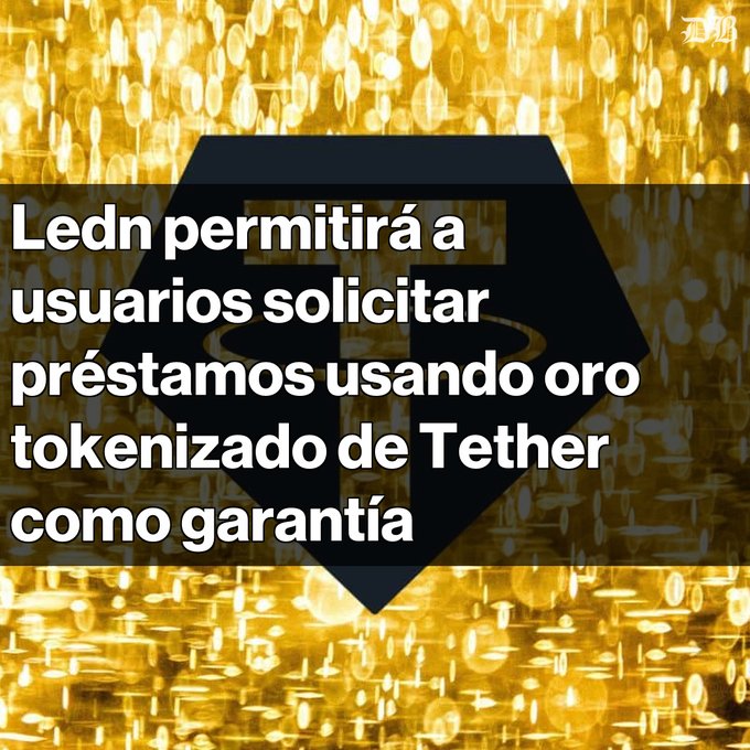 The image features a gold background with a diamond shape, which has the text "ledn permitirá a usuario a tokenizado de Tether (XAUT) como garantía" written above it. The diamond is surrounded by gold circles and lines, creating an eye-catching design. The post also mentions that there are options for users to invest in cryptocurrency, specifically Bitcoin, with the text "ledn permitirá a usuario a tokenizado de Tether (XAUT) como garantía".