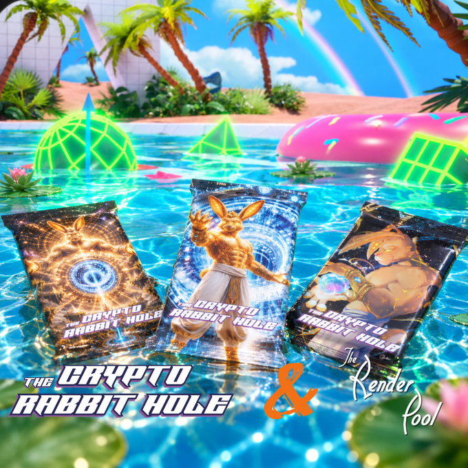 Three 'Crypto Rabbit Hole' trading card packs featuring anime-style characters float in a pool with neon geometric shapes, branded with 'The Render Pool' logo.