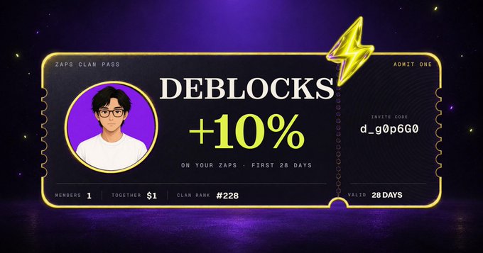 Digital ticket graphic for 'DEBLOCKS' Zaps Clan Pass offering +10% on ZAPS for first 28 days, valid 28 days, with invite code d_g0p6G0 and clan rank #228.