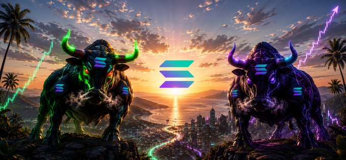 A vibrant digital artwork showing two glowing, futuristic mechanical bulls facing off with a Solana (SOL) logo between them, set against a tropical sunset landscape with rising chart lines.