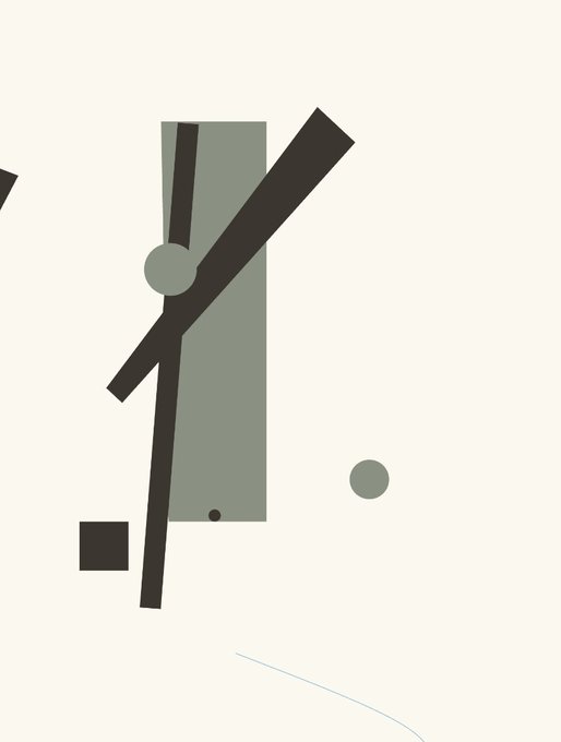 An abstract minimalist artwork featuring a gray rectangular shape, a black diagonal bar, a gray circle, and a black square against a white background.