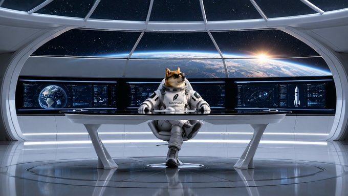 A digital artwork depicts a Shiba Inu dog dressed in an astronaut suit, sitting at a futuristic control panel overlooking Earth from space.